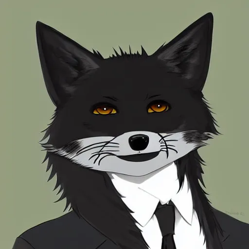 Prompt: close up of an anthro male black fox furry wearing an elegant suit, Studio Ghibli style, modern anime art