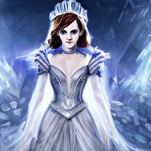 Image similar to emma watson as the Queen of Ice, Ice crystal armor, concept art, 4k, digital art, trending on art station, hd, doll, color, high contrast, expansive backdrop