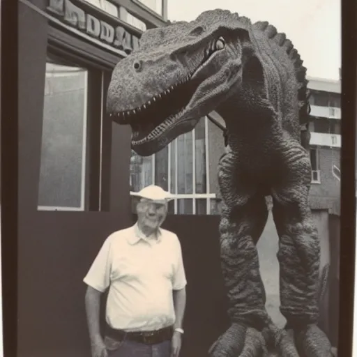 Image similar to a polaroid photo of an old man standing next to a dinosaur statue outside mcdonald's