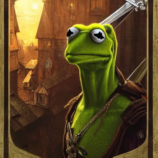 Image similar to Epic Masterpiece head and shoulders portrait of Kermit the frog as Geralt in the Witcher 3 Wild Hunt drawn by Donato Giancola and Tom Bagshaw, Edmund Leighton, Alphonse Mucha, background out of focus tavern, 4k, volumetric lighting, komorebi, trending on artstation, octane render, hyperrealistic