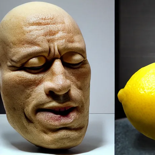 Image similar to a lemon sculpted in the shape of Dwayne Johnson's head