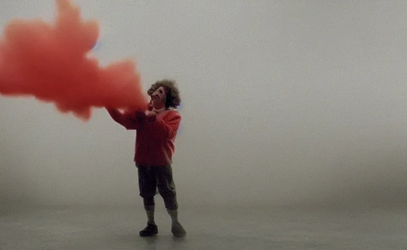 Image similar to cinematic shot of a happy juggling clown, moody scene from being john malcovich directed by charlie kaufman ( 2 0 0 1 ), foggy volumetric light morning, anamorphic lenses, kodak color film stock