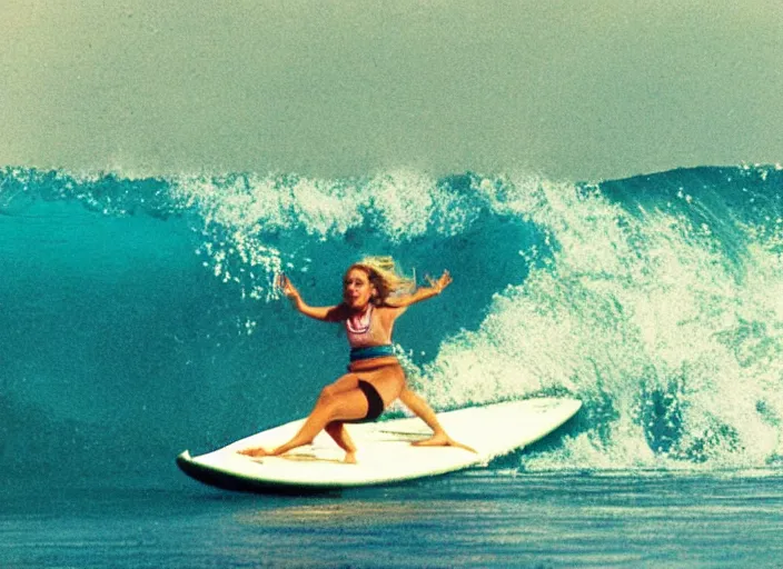 Prompt: color photo. surfer girl riding a big wave in the 8 0's. sharkfins in the water