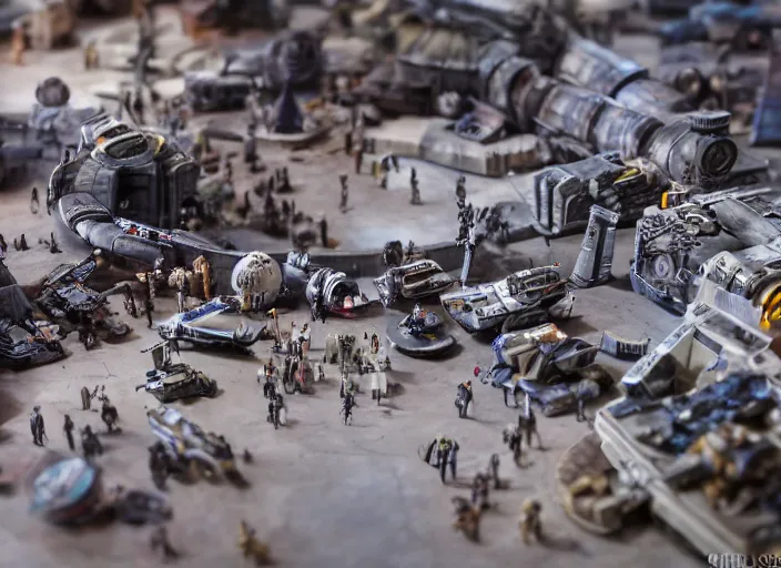 Image similar to a photo of a epic grand scale diorama of star wars figures and vehicles and buildings, canon, macro photography, tilt - shift photography