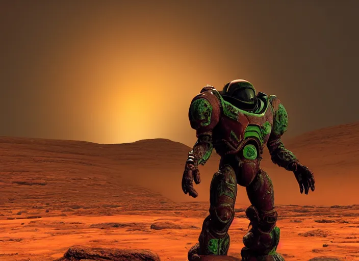 Image similar to “ doom marine, standing on martian rock, in front of mars base, space ship in background, octane render, digital art ”