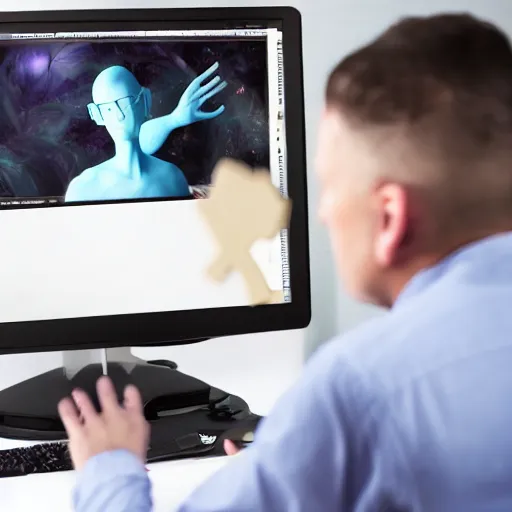 Prompt: man looks at computer perplexed while otherworldly creatures mock him