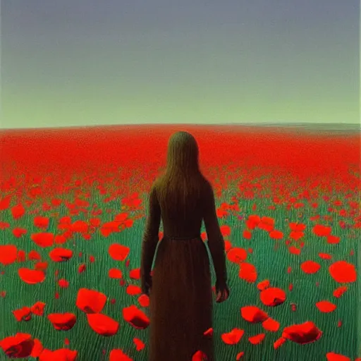 Prompt: a painting of a girl standing in a field of poppies by zdzisław beksiński