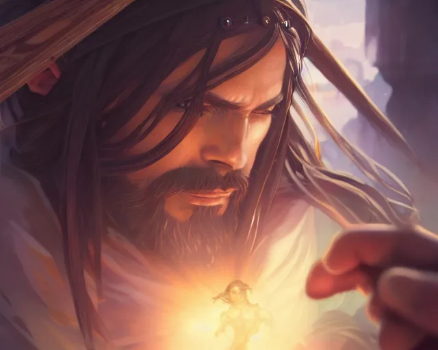 Image similar to photography of jesus christ shooting anime characters, deep focus, d & d, fantasy, intricate, elegant, highly detailed, digital painting, artstation, concept art, matte, sharp focus, illustration, hearthstone, art by artgerm and greg rutkowski and alphonse mucha