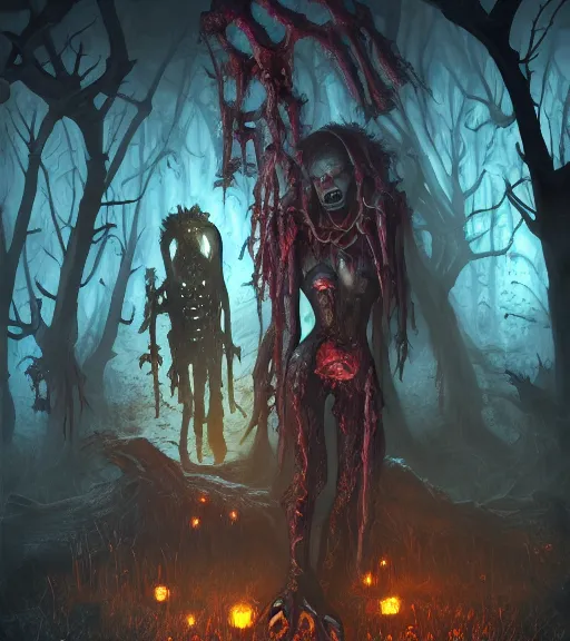 Prompt: gothic necrolord female with zombie servents, digital painting, liminal eerie midnight backlit, a picture taken by Michael Komarck and Daniel Ljunggren