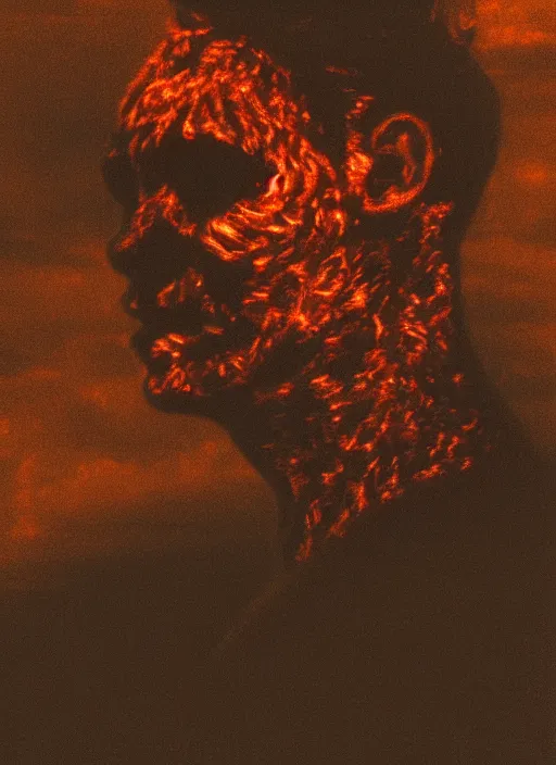 Image similar to a man's face in profile, made of lava, in the style of the Dutch masters and Gregory Crewdson, dark and moody