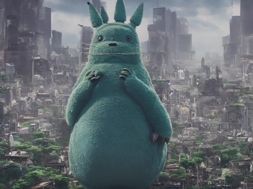 Prompt: Giant Totoro Kaiju towering over a city as people run away, photo realistic, movie still, 4k, 8k, action film
