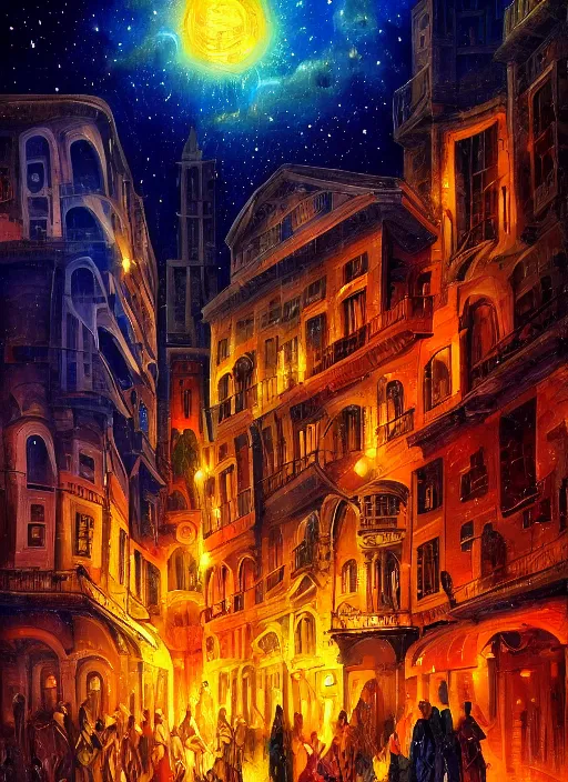 Prompt: ethereal starlit city of magic lost in time at sunset, italian futurism, art station, da vinci, hd, digital painting