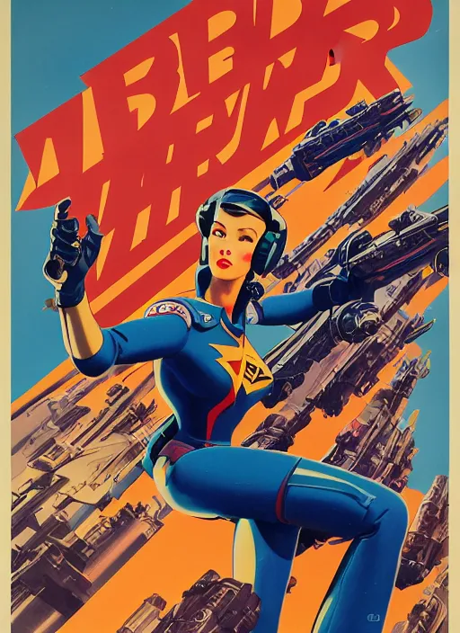 Image similar to american propaganda poster art. powerful cyberpunk pilot. portrait by jean giraud and anton otto fischer and john philip falter and will eisner and gil elvgren and pixar. full body. realistic proportions. science fiction d & d. overwatch, rb 6 s, cyberpunk 2 0 7 7, blade runner 2 0 4 9 concept art. cel shading. thick lines.