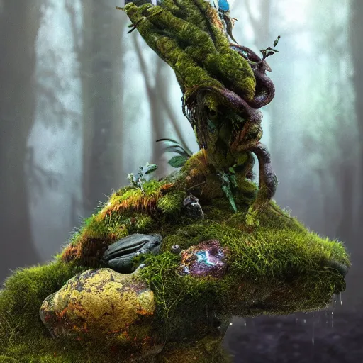 Image similar to soft painting render curiosities alien desolated world pond vegetation rocks, beautiful fairy creature covered moss, accurate features, focus, very intricate ultrafine details, random volumetric lighting, dense fog, award winning masterpiece, octane render 8 k hd, artstation