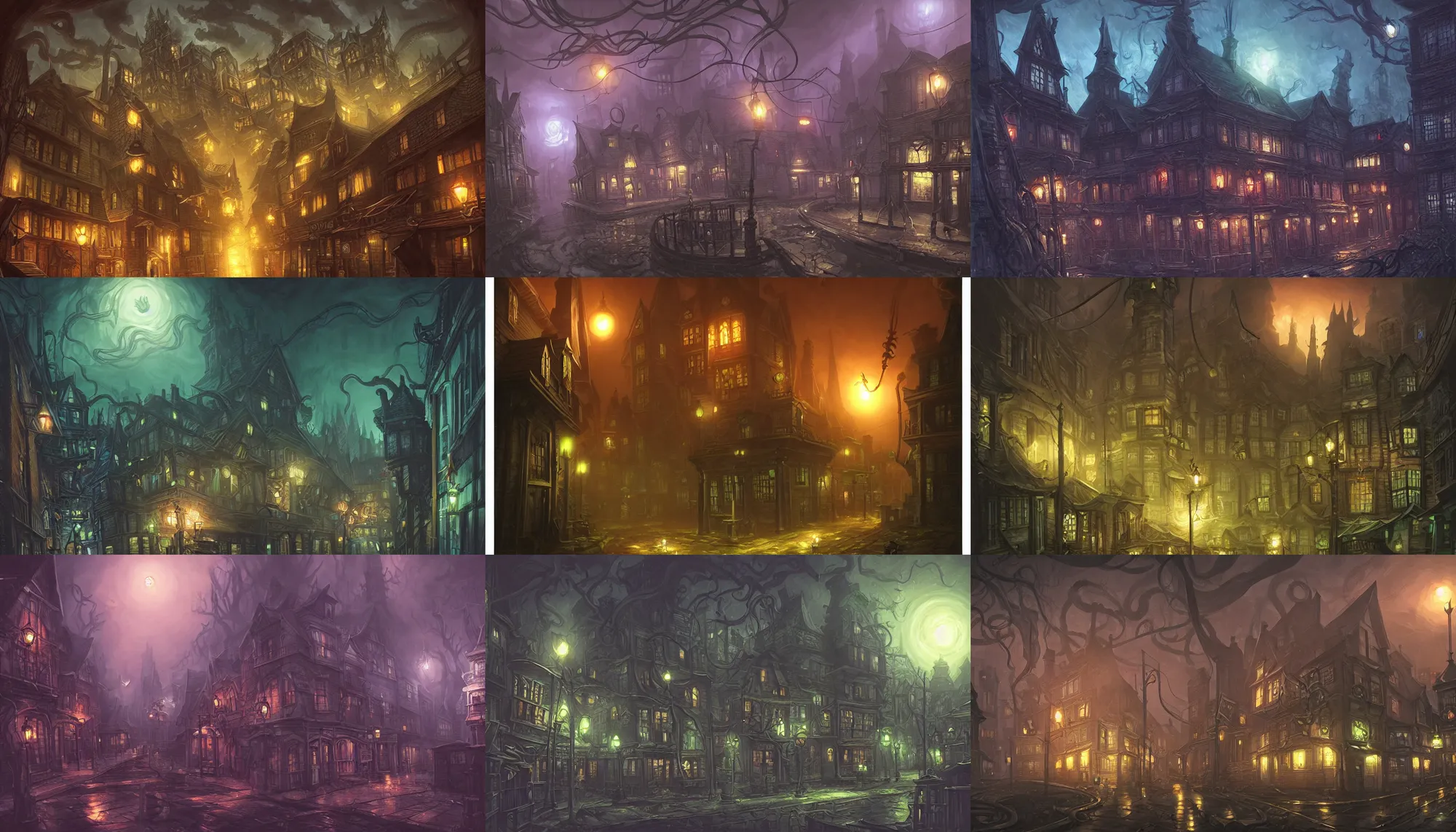 Prompt: arkham horror town at night, lovecraft, tentacles, evil fluid, realistic, hyper detail, dynamic, in andreas rocha style