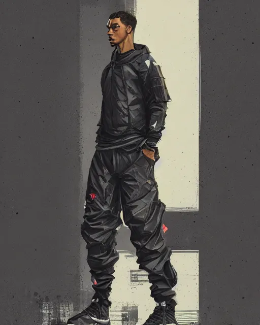 Image similar to Medium shot of a character wearing Nike ACG+Acronym P31-DS Pants in the style of greg rutkowski