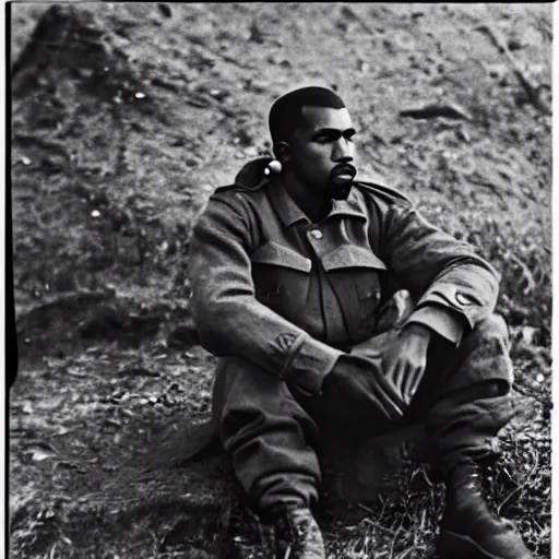 Image similar to vintage monochrome photograph of Kanye West sitting in a trench in world war one, 8k, highly intricate, highly detailed, cinematic,