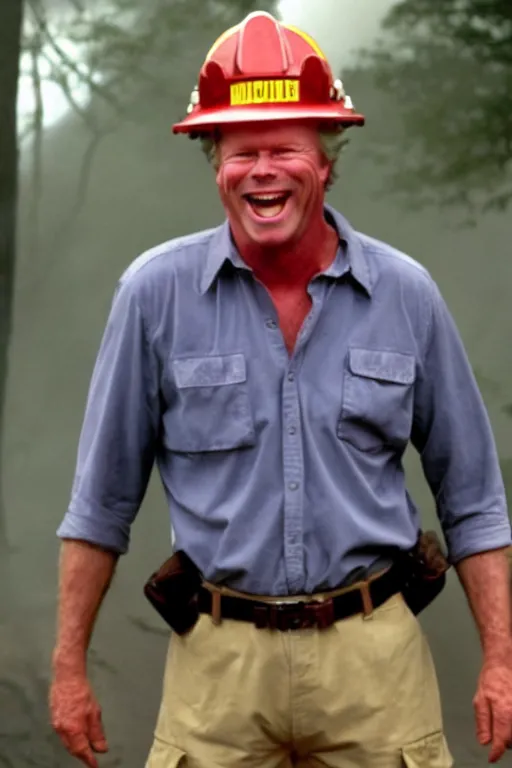 Image similar to kevin tighe wearing a fireman helmet, standing in the flames of a fire laughing