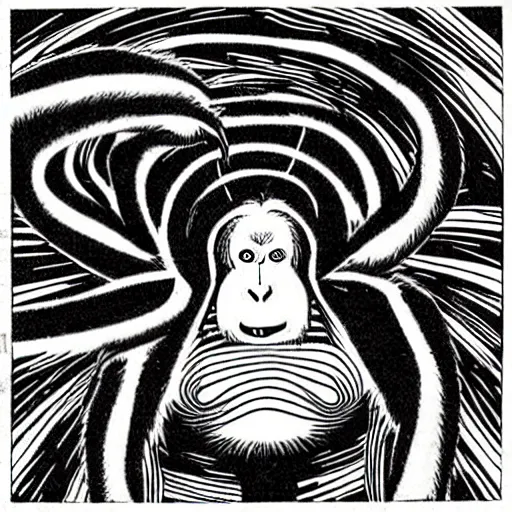 Image similar to surrealist orangutan, manga art, juji ito, style of uzumaki, spiral eyes