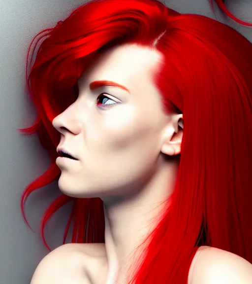 Prompt: realistic detailed profile portrait of a young beautiful cyberpunk woman with long red hair wearing a silver dress by family guy