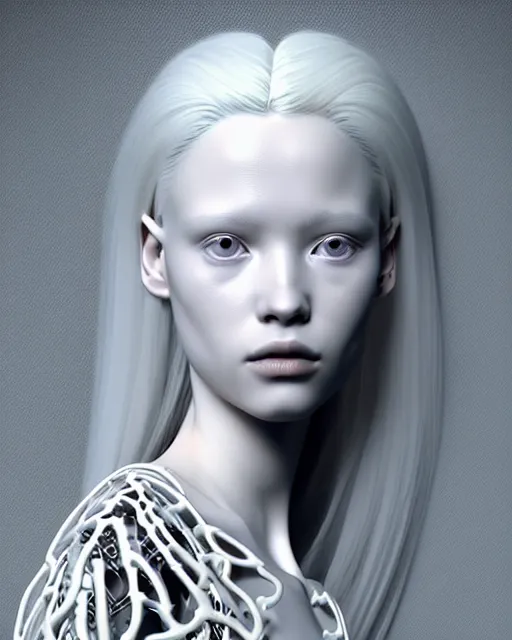 Image similar to bw 3 d render, stunning beautiful young cute biomechanical albino female cyborg with a porcelain profile face, angelic, rim light, big leaves and stems, roots, fine foliage lace, alexander mcqueen, art nouveau fashion embroidered, steampunk, silver filigree details, hexagonal mesh wire, mandelbrot fractal, elegant, artstation trending