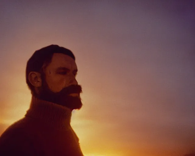 Image similar to lomo photo of 4 0 years russian man with beard and sweater standing on small hrushevka balcony full with cigarette smoke in small russian town looking at sunset, film still, atmospheric, cinestill, bokeh