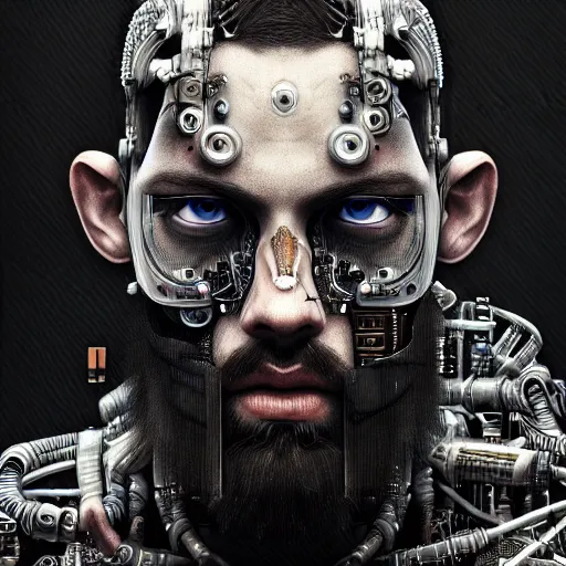 Image similar to ultra realist intricate detailed painting of a single rugged cyborg male, black scales on bearded face and cyborg tech on body, symmetry accurate features, cyberpunk, apocalyptic, very intricate details, focus, high resolution, 4 k, artstyle alex ries and hiraku tanaka, award winning