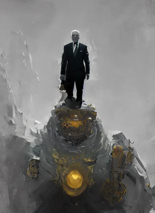 Image similar to Joe Biden grinning emperor of the world, high contrast, cosmic horror, abstract, masterpiece, trending on ArtStation, by Greg Rutkovski and by Craig Mullins and by David Cronenberg and by Ismail Inceoglu