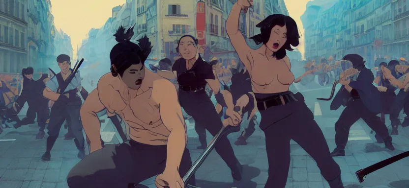 Image similar to riots in the streets of paris, digital painting masterpiece, by ilya kuvshinov, by frank frazetta, by mœbius, by reiq, by hayao miyazaki, intricate detail, beautiful brush strokes, advanced lighting technology, 4 k wallpaper, interesting character design, stylized yet realistic anatomy and faces, inspired by kill bill animated scene