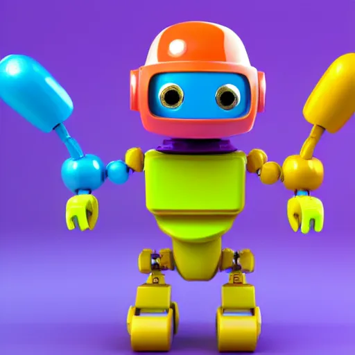 Prompt: high quality 3 d render made with blender of a colourful robot made of fisher price toys being driven by a smaller happy robot. the background is a purple gradient