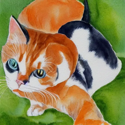 Prompt: a calico cat plays with an orange tabby cat, watercolor