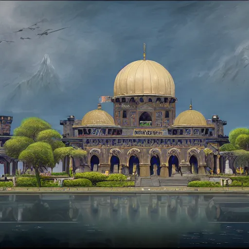 Prompt: a highly detailed painting of the imperial casino academy, lofty domed building with minarets, ultrawide lense, aerial photography, unreal engine, exquisite detail, 8 k, art by brandon sanderson and robert jordan