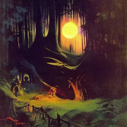 Prompt: enchanted forest at night, frank frazetta