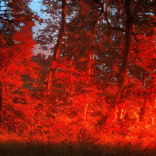 Image similar to leaves blow in the wind. a red glow rises from some ruins nearby.