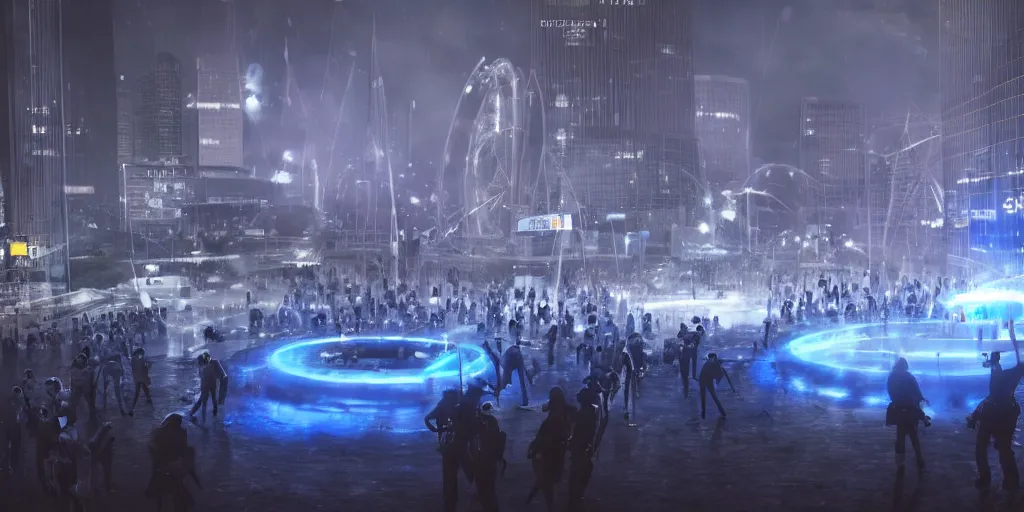 Prompt: policemen protecting a huge blue spiral - shaped bright white luminous attractor that is floating right in the center of the city from protesting people,, rain and light fog, professional lighting, concept art in 3 d, high detail, professional lighting, unreal engine