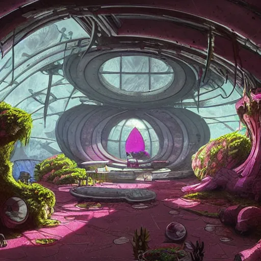 Image similar to concept art painting of a interior of a circular alien fantasy fungus house, realistic, detailed, cel shaded, magenta and gray, dark, in the style of makoto shinkai and greg rutkowski and james gurney