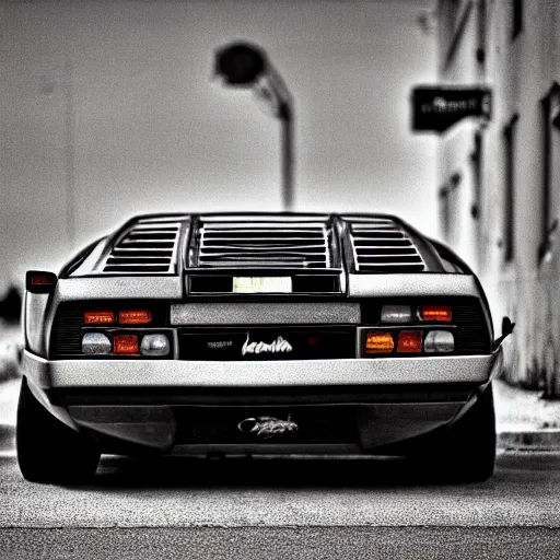 Image similar to black and white press photograph of a rusted abandoned lamborghini diablo on an empty abandoned city street, full view, detailed, natural light, mist, film grain, soft vignette, sigma 5 0 mm f / 1. 4 1 / 1 0 sec shutter, imax 7 0 mm footage