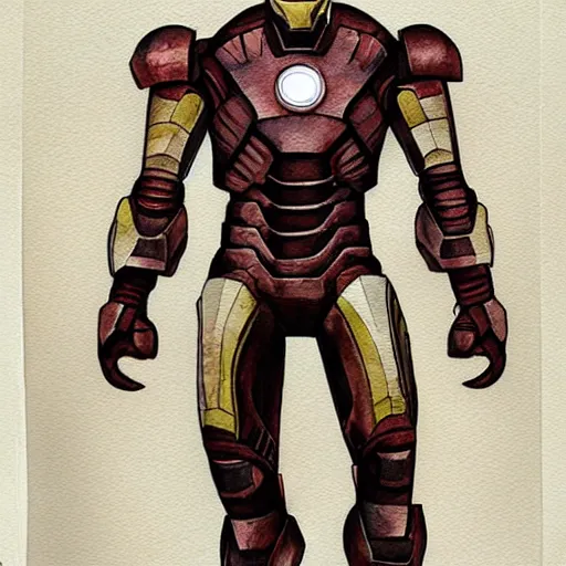 Prompt: Prehistoric iron man armor design, concept art, watercolor