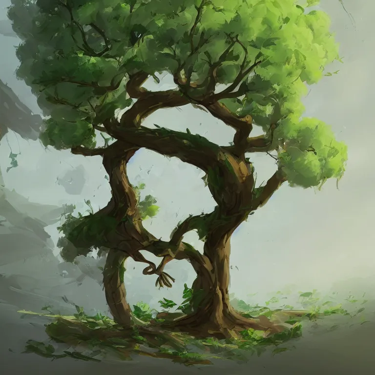 Image similar to cartoon tree with a twisted trunk and green leaves, white background, concept, concept art by senior environment artist, artstation, 2 d game art, concept art, speedpainting