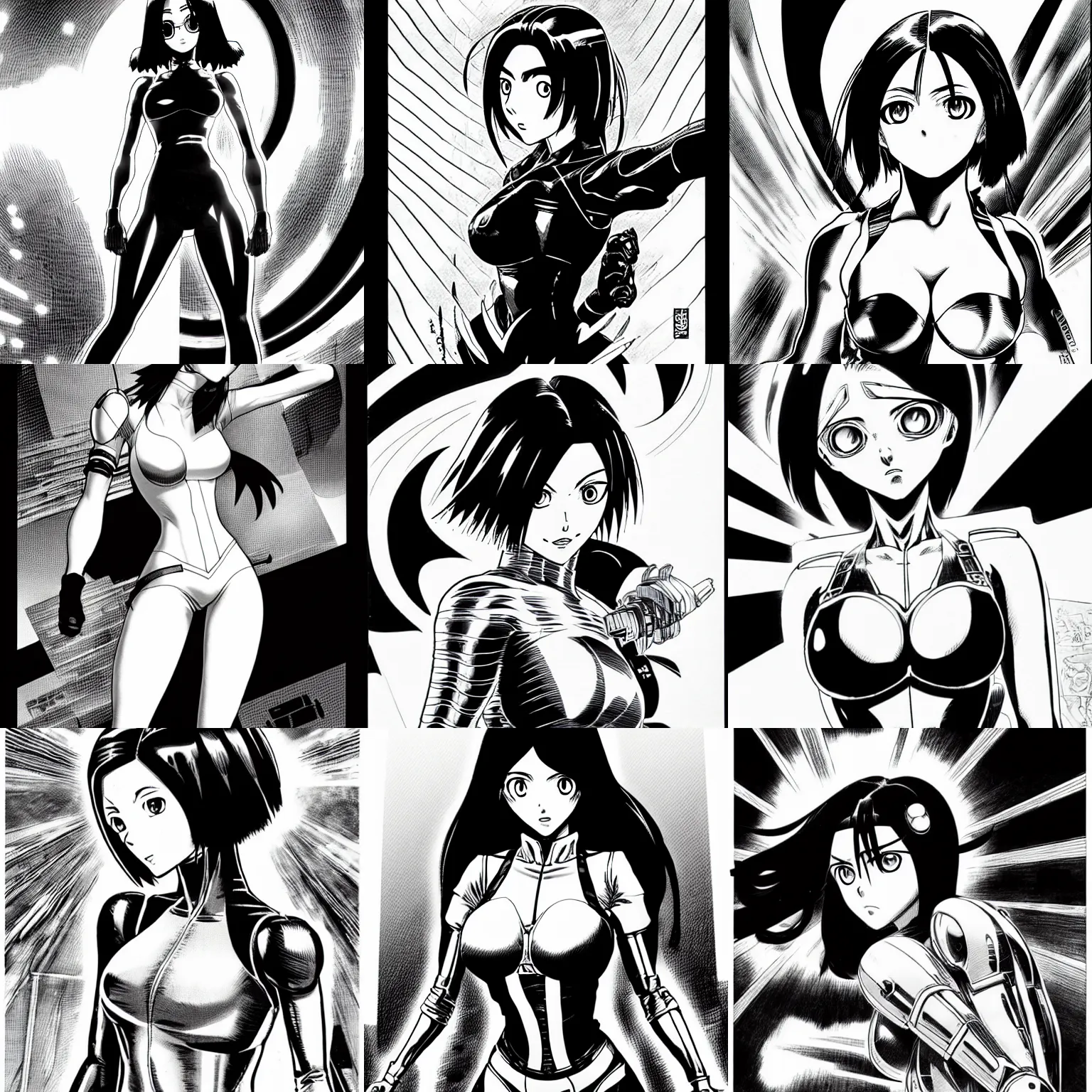 Prompt: alita by yukito kishiro. medium shot. black and white manga.