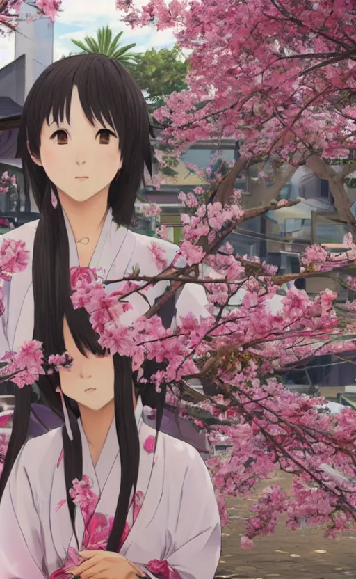 Prompt: anime style, gta 5, panoramic centered view of girl in middle, yukata clothing, sakura tree in background, short hair, hair down, symmetrical facial features, from arknights, hyper realistic, extreme detail, volumetric lights, 4 k drawing, safebooru, realistic lighting, by alphonse mucha, greg rutkowski, sharp focus, backlit