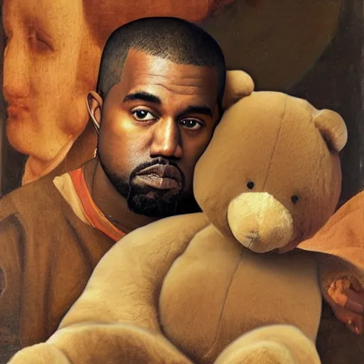 Image similar to A renaissance painting of Kanye West with a anthropomorphic Teddy Bear mascot, portrait,