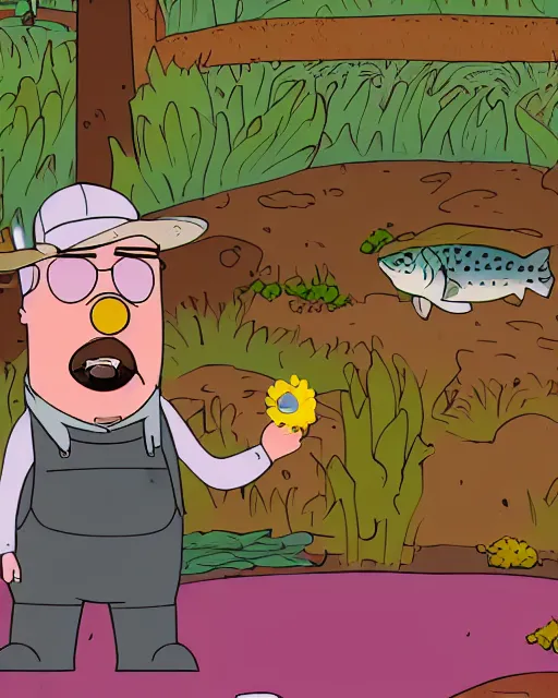 Prompt: Rainbow Trout farmer animated by Justin Roiland