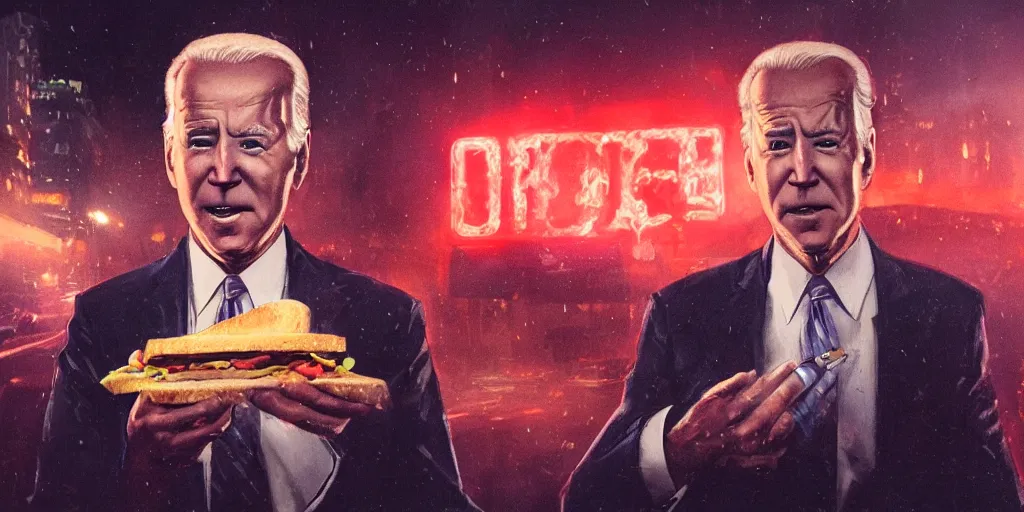 Image similar to joe biden eating a sandwich, smoke, fire, chaos, photo realistic, 8k, artstation, Blade runner, neon, neon signs in the distance, dark, cinematic, high contrast, epic