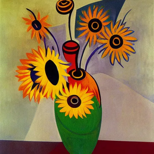 Prompt: an abstract painting of a vase with sunflowers by pablo picasso