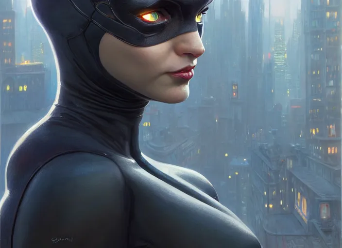 Prompt: highly detailed portrait of catwoman, stephen bliss, unreal engine, art by greg rutkowski, loish, rhads, ferdinand knab, makoto shinkai and lois van baarle, ilya kuvshinov, rossdraws, tom bagshaw, global illumination, radiant light, detailed and intricate environment