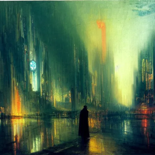 Prompt: futuristic cyberpunk neon cityscape with hooded figure in foreground painted by William Turner 1860