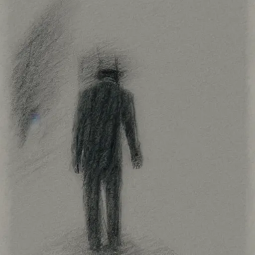 Image similar to a drawn man standing in the rain. pencil sketch.