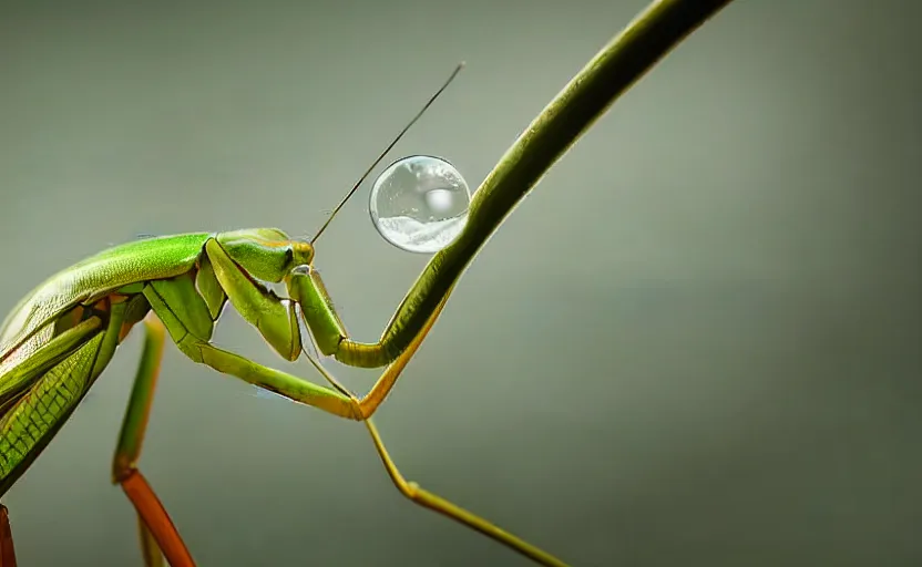 Prompt: extremely detailed macro photograph of a praying mantis, blur, glare, veins, transparency, bubbles, professional photography, studio, microscope