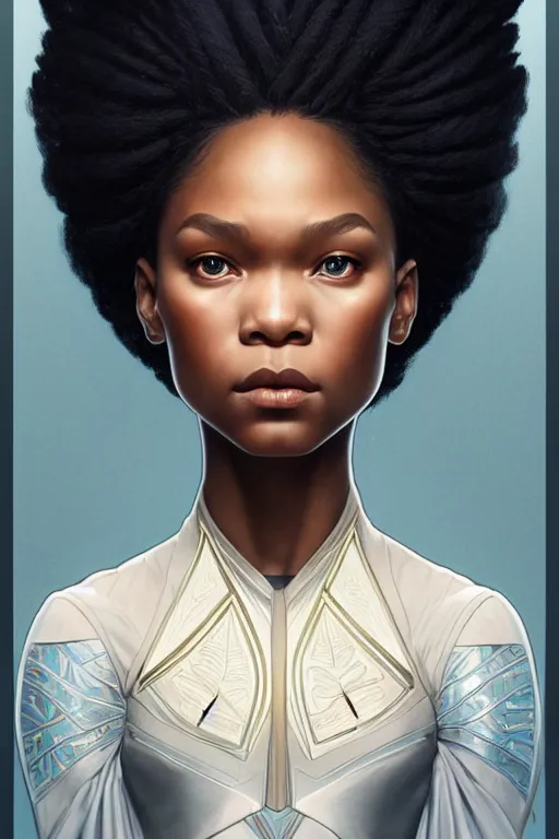 Prompt: symmetry!! intense fanart of 3 / 4 front pose of storm reid as nuha, protagonist, intricate, elegant, highly detailed, my rendition, digital painting, artstation, concept art, perfect, smooth, sharp focus, illustration, art by artgerm and greg rutkowski and alphonse mucha